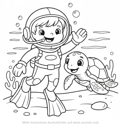 Taucher mit Schildkröte Ausmalbild