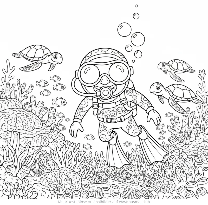 Taucher im Korallenriff mit Schildkröten Ausmalbild