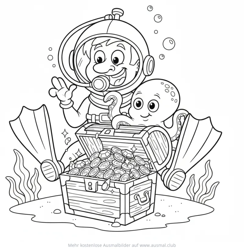 Taucher mit Oktopus und Schatzkiste Ausmalbild