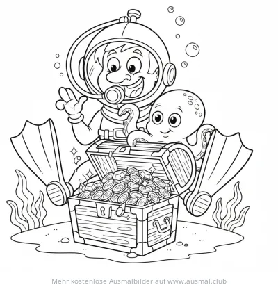 Taucher mit Oktopus und Schatzkiste Ausmalbild