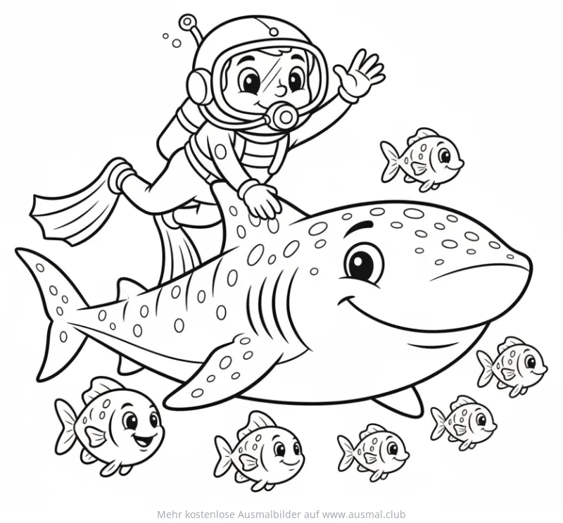Taucher reitet auf Walhai Ausmalbild, umgeben von Fischen