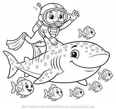 Taucher reitet auf Walhai Ausmalbild, umgeben von Fischen