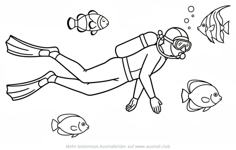 Taucher Ausmalbild mit verschiedenen tropischen Fischen
