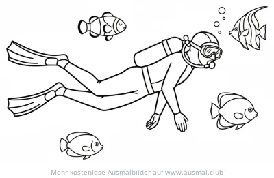 Taucher Ausmalbild mit verschiedenen tropischen Fischen