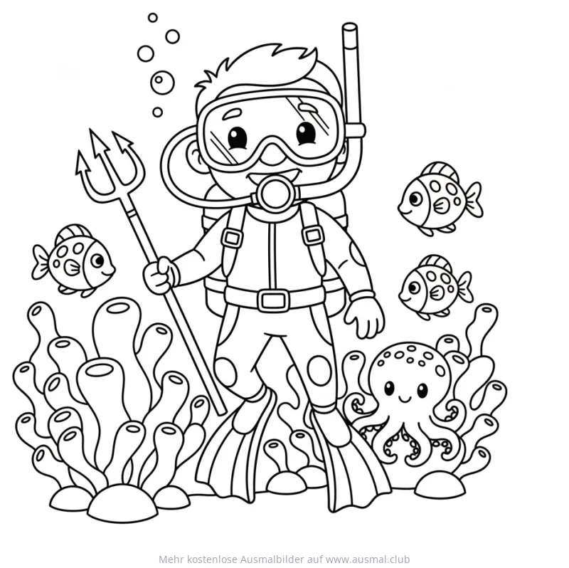 Taucher mit Dreizack, Fischen und Oktopus im Korallenriff Ausmalbild
