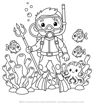 Taucher mit Dreizack, Fischen und Oktopus im Korallenriff Ausmalbild