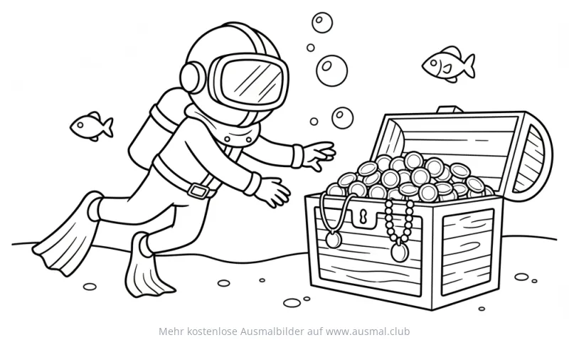 Taucher entdeckt Schatztruhe auf dem Meeresgrund Ausmalbild
