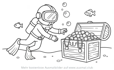 Taucher entdeckt Schatztruhe auf dem Meeresgrund Ausmalbild