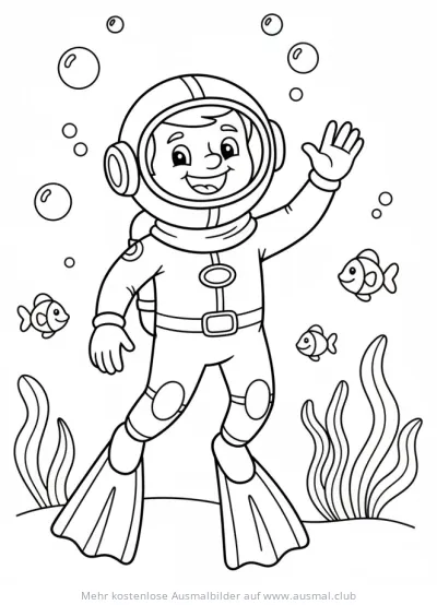 Winkender Taucher mit Fischen Ausmalbild