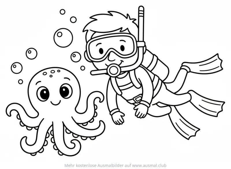 Taucher mit Oktopus im Meer Ausmalbild