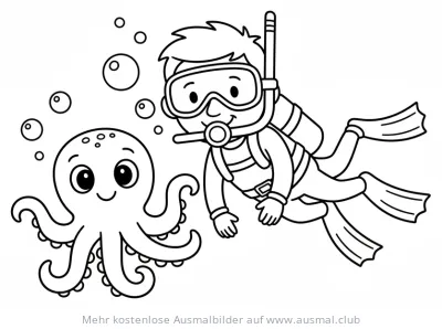 Taucher mit Oktopus im Meer Ausmalbild