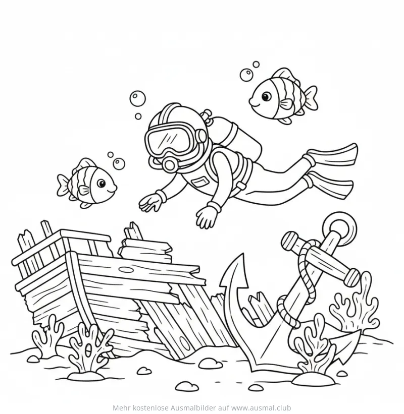 Taucher erkundet Schiffswrack mit Fischen Ausmalbild