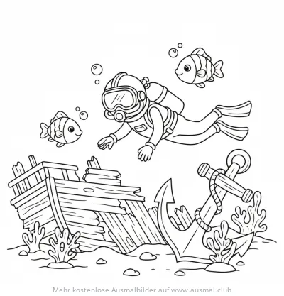 Taucher erkundet Schiffswrack mit Fischen Ausmalbild