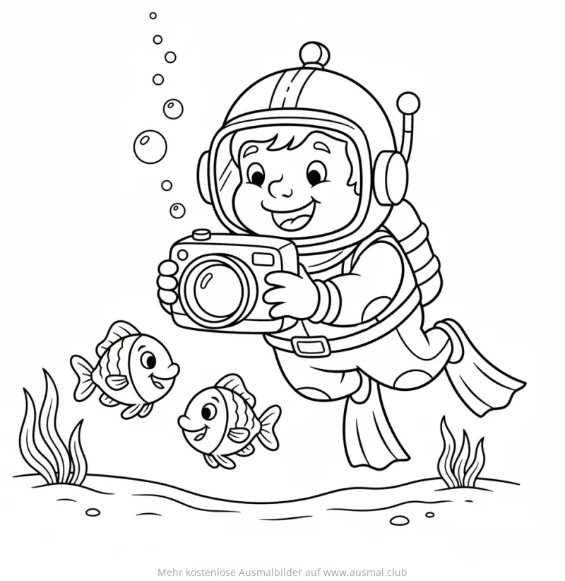Taucher mit Kamera fotografiert Fische Ausmalbild