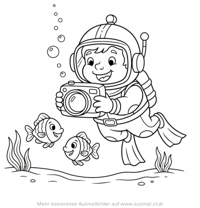 Taucher mit Kamera fotografiert Fische Ausmalbild