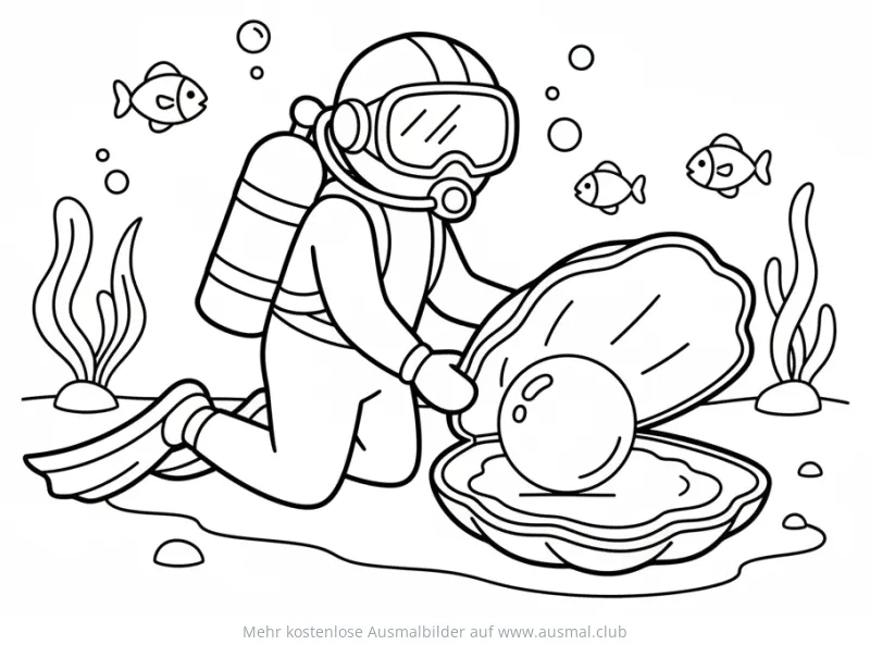 Taucher entdeckt eine Perle in einer Muschel Ausmalbild