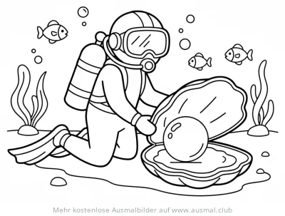 Taucher entdeckt eine Perle in einer Muschel Ausmalbild