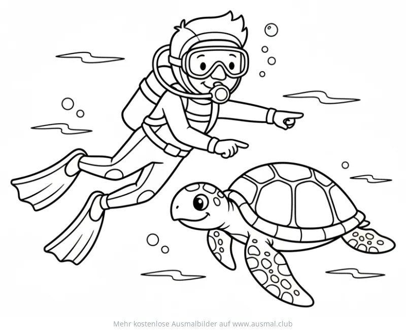 Taucher mit Schildkröte Ausmalbild