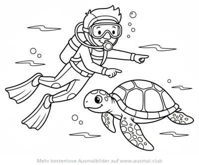 Taucher mit Schildkröte Ausmalbild
