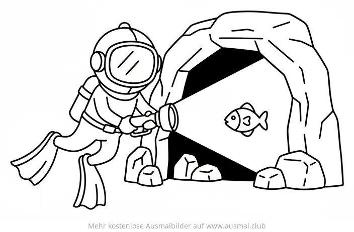 Taucher mit Lampe in Unterwasserhöhle mit Fisch Ausmalbild