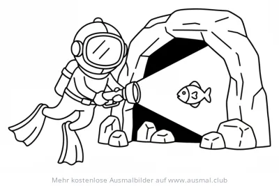 Taucher mit Lampe in Unterwasserhöhle mit Fisch Ausmalbild