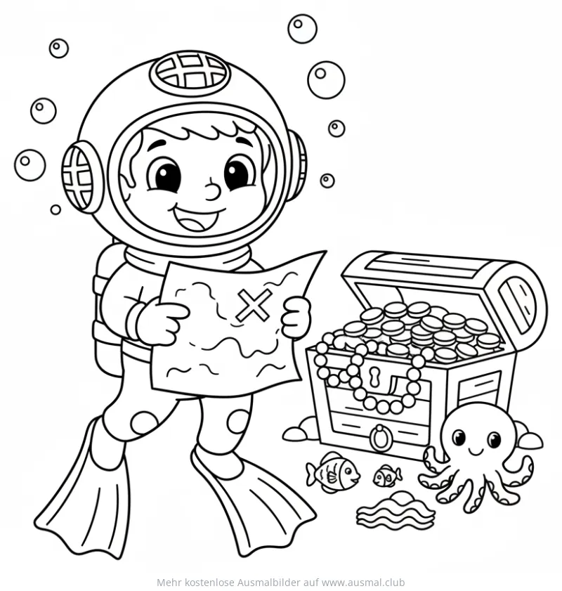 Taucher mit Schatzkarte und Schatzkiste Ausmalbild
