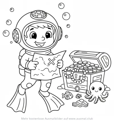 Taucher mit Schatzkarte und Schatzkiste Ausmalbild