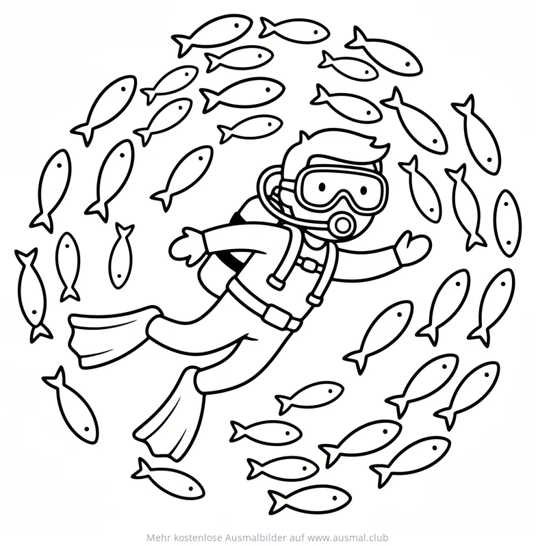Taucher mit Fischschwarm Ausmalbild
