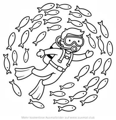 Taucher mit Fischschwarm Ausmalbild