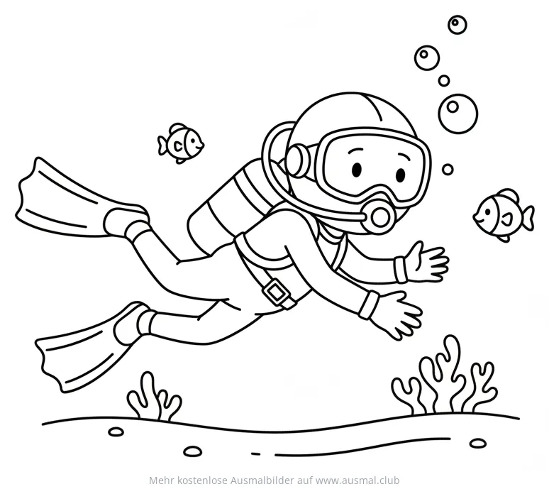 Entspannter Taucher mit Fischen im Meer Ausmalbild