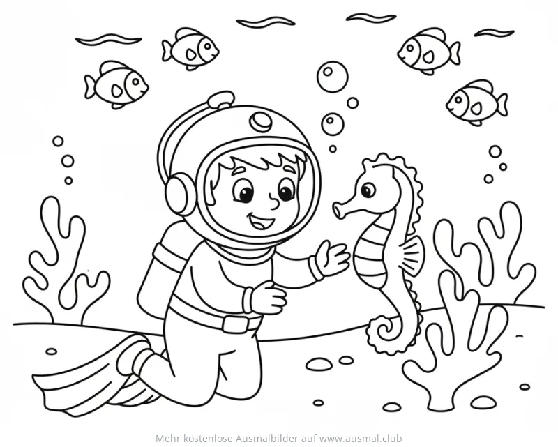 Taucher mit Seepferdchen unter Wasser Ausmalbild