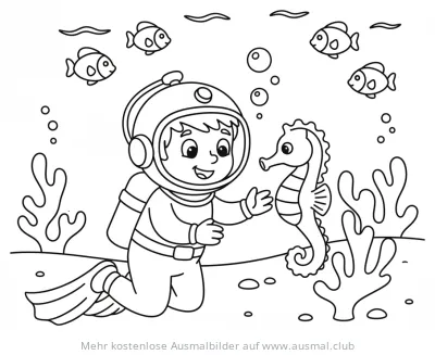 Taucher mit Seepferdchen unter Wasser Ausmalbild