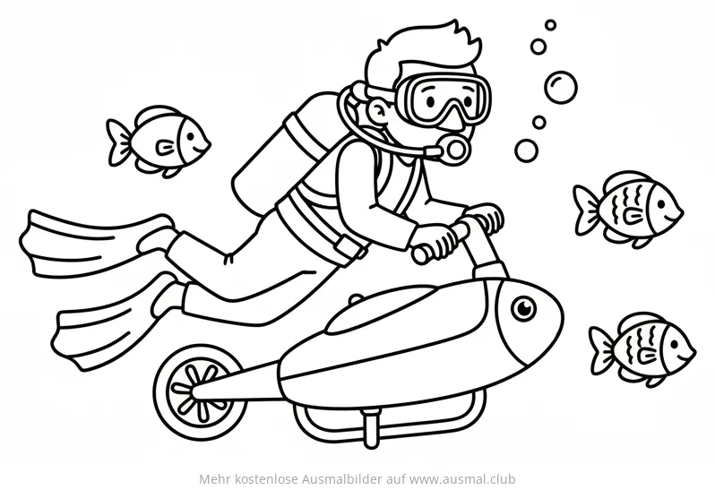 Taucher auf Unterwasser-Scooter Ausmalbild mit Fischen