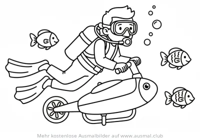 Taucher auf Unterwasser-Scooter Ausmalbild mit Fischen