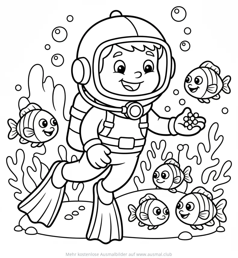 Taucher füttert freundliche Fische unter Wasser Ausmalbild