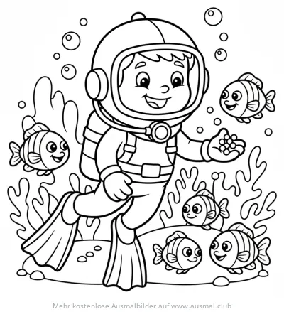 Taucher füttert freundliche Fische unter Wasser Ausmalbild