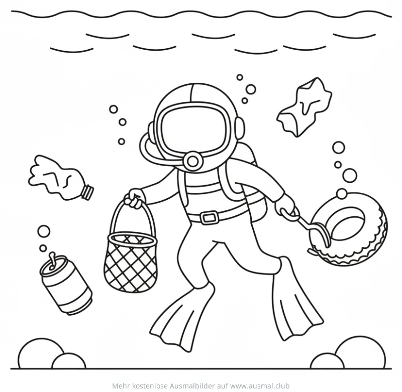 Taucher sammelt Müll unter Wasser Ausmalbild