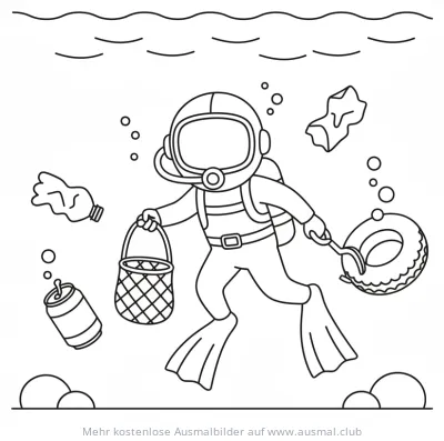 Taucher sammelt Müll unter Wasser Ausmalbild