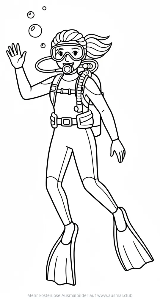 Taucherin mit Taucherbrille, Flossen und Sauerstoffflasche Ausmalbild