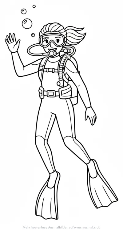 Taucherin mit Taucherbrille, Flossen und Sauerstoffflasche Ausmalbild