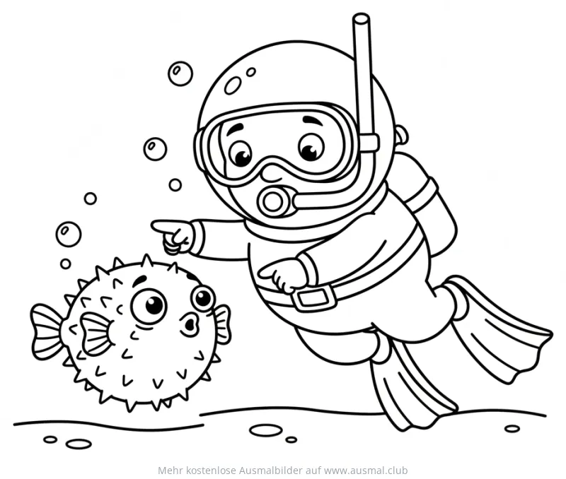 Taucher zeigt auf einen Kugelfisch Ausmalbild