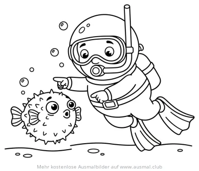 Taucher zeigt auf einen Kugelfisch Ausmalbild