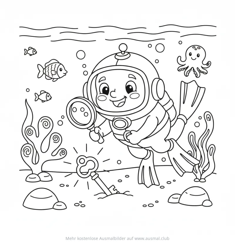 Taucher mit Lupe findet Schlüssel unter Wasser Ausmalbild