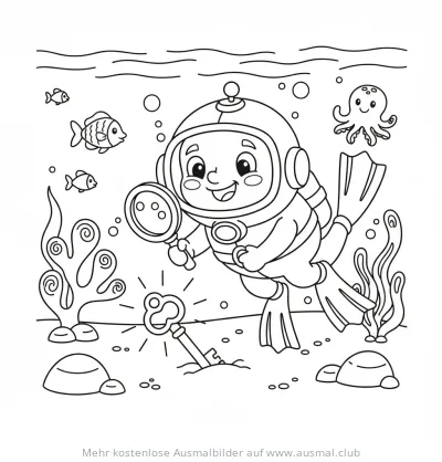 Taucher mit Lupe findet Schlüssel unter Wasser Ausmalbild