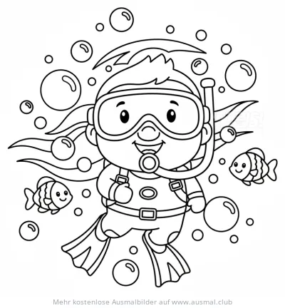 Taucher mit Sauerstoffflasche und Fischen Ausmalbild