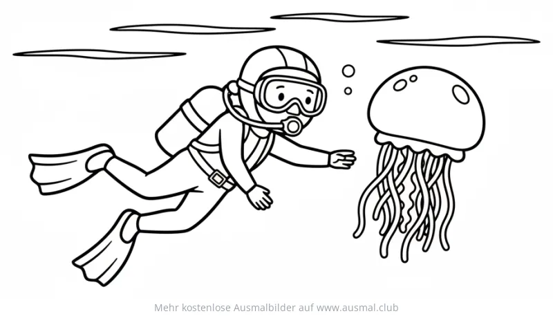 Taucher mit Qualle Ausmalbild