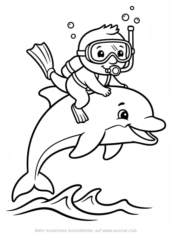 Taucher reitet auf Delfin Ausmalbild
