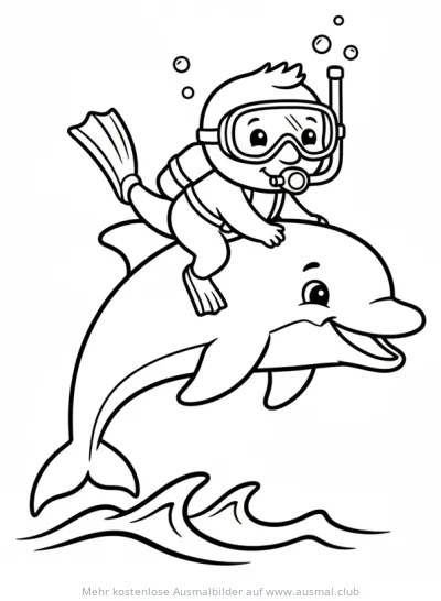 Taucher reitet auf Delfin Ausmalbild
