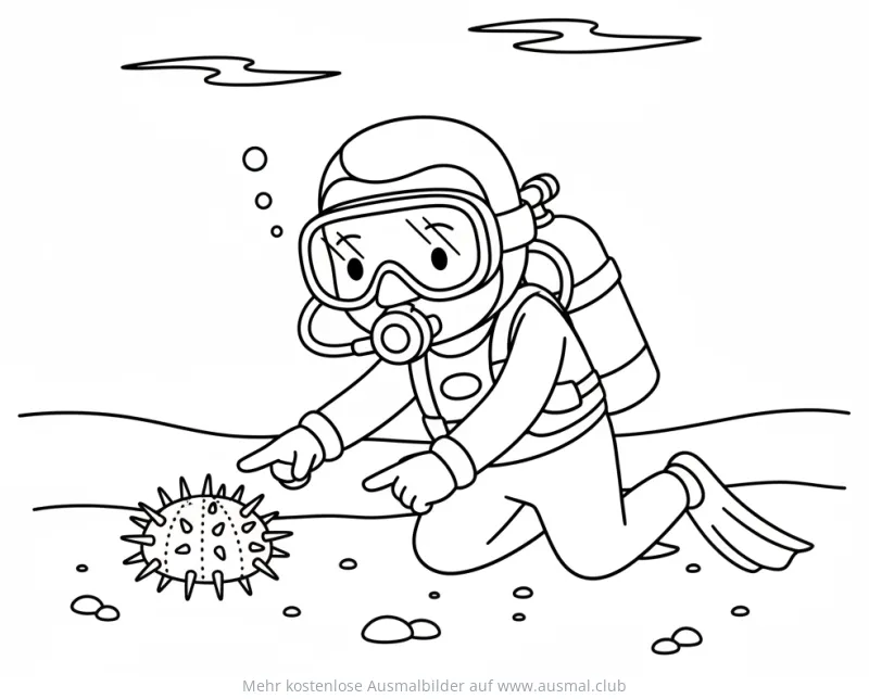 Taucher zeigt auf Seeigel Ausmalbild