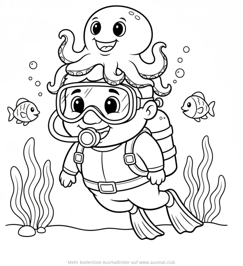 Taucher mit Oktopus auf dem Kopf Ausmalbild